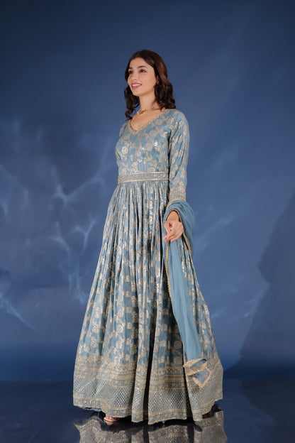Slate Grey Banarasi Crape Silk Zari Embellished Gown Set