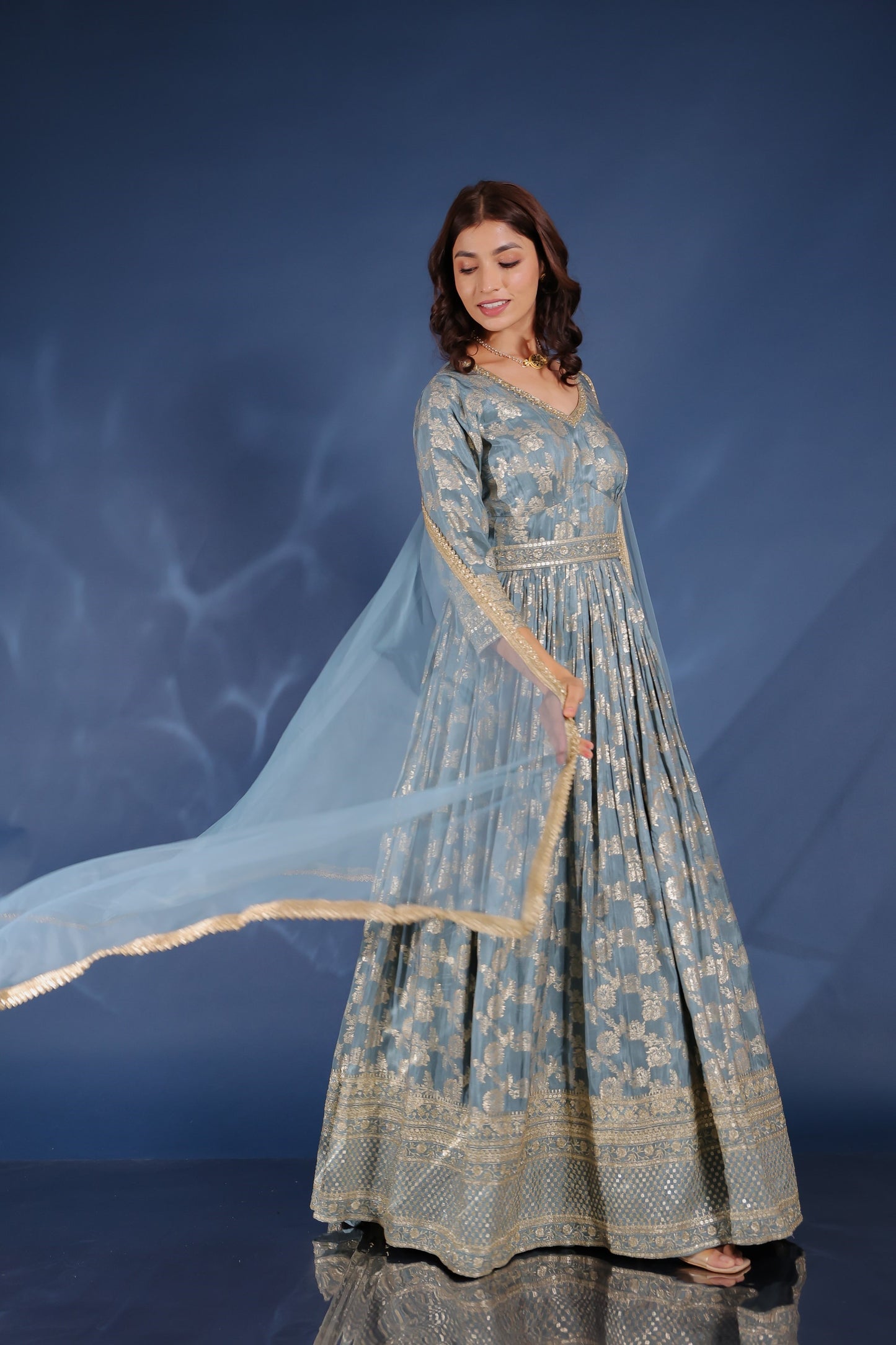 Slate Grey Banarasi Crape Silk Zari Embellished Gown Set