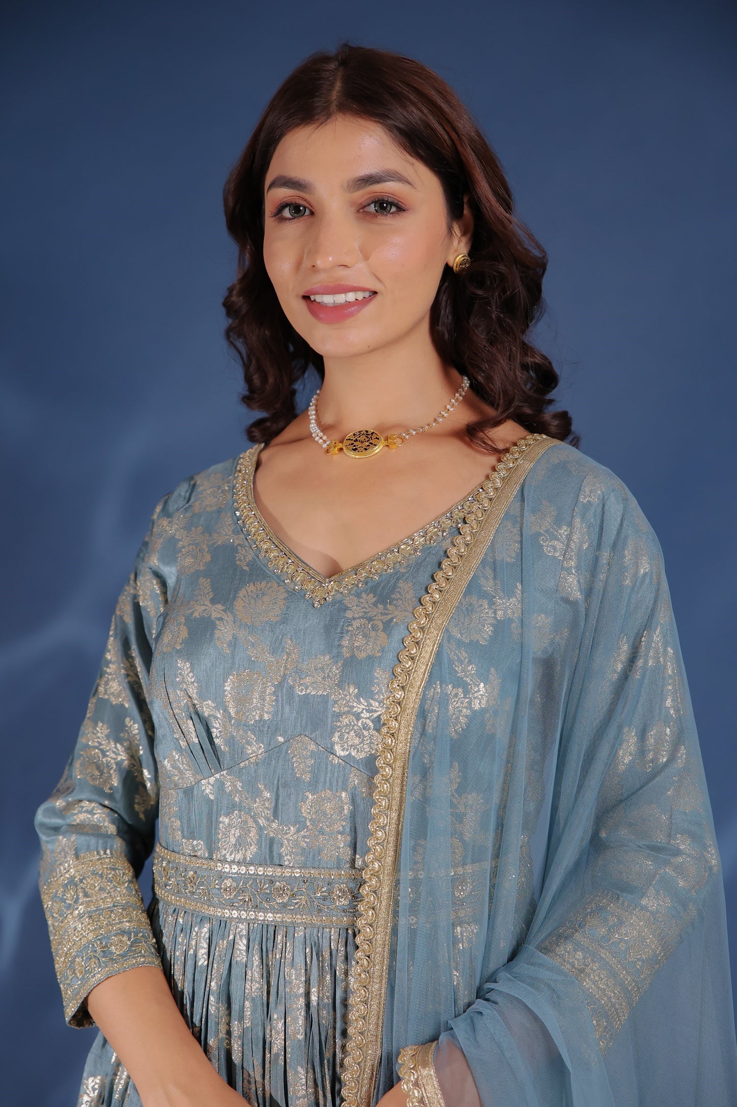 Slate Grey Banarasi Crape Silk Zari Embellished Gown Set