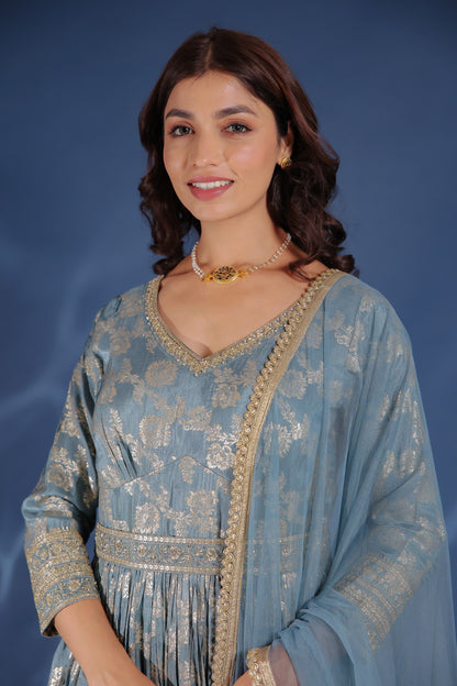 Slate Grey Banarasi Crape Silk Zari Embellished Gown Set