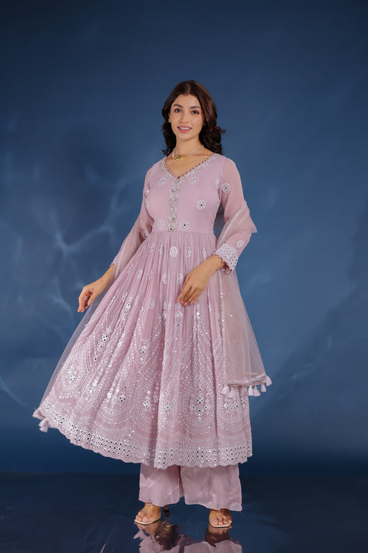 Light Lavender Georgette Thread And Mirror Embellished Anarkali And Palazzo Set