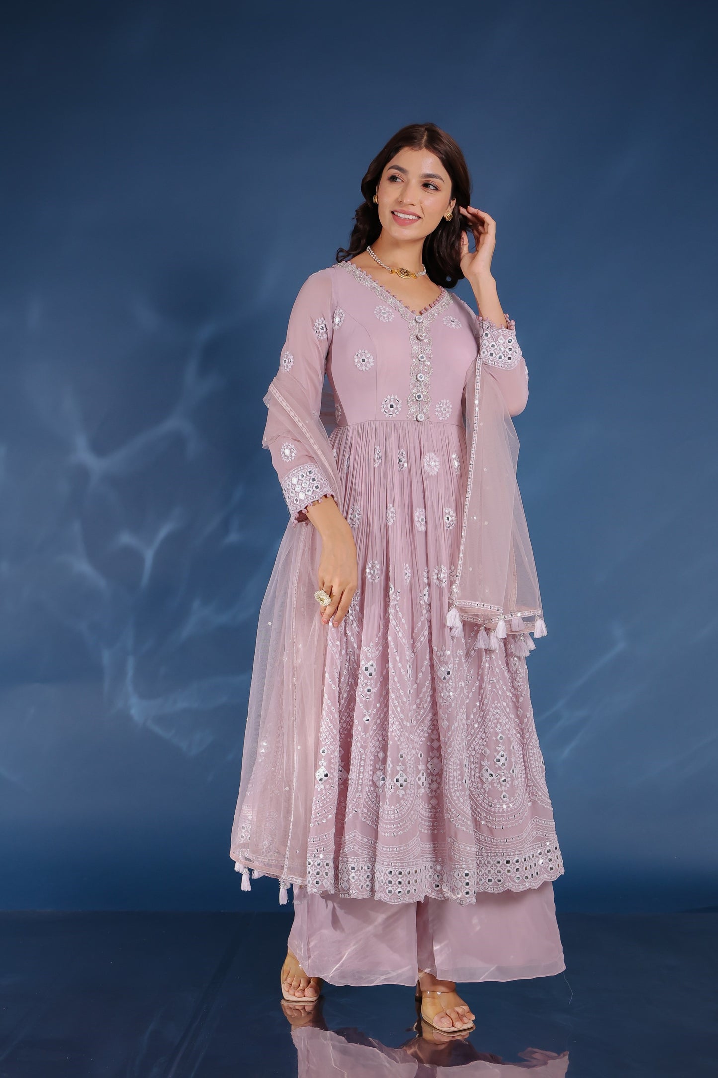 Light Lavender Georgette Thread And Mirror Embellished Anarkali And Palazzo Set