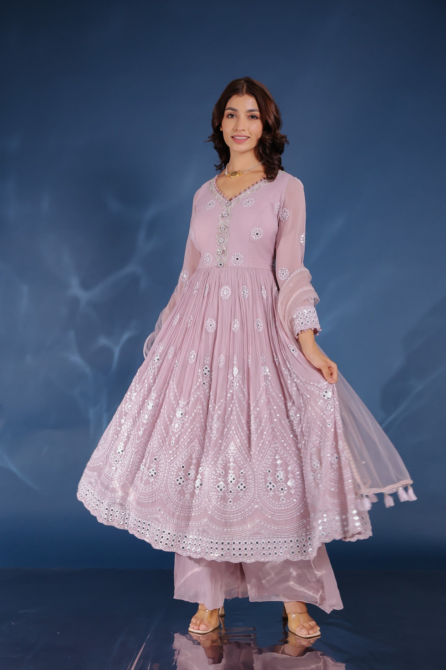 Light Lavender Georgette Thread And Mirror Embellished Anarkali And Palazzo Set