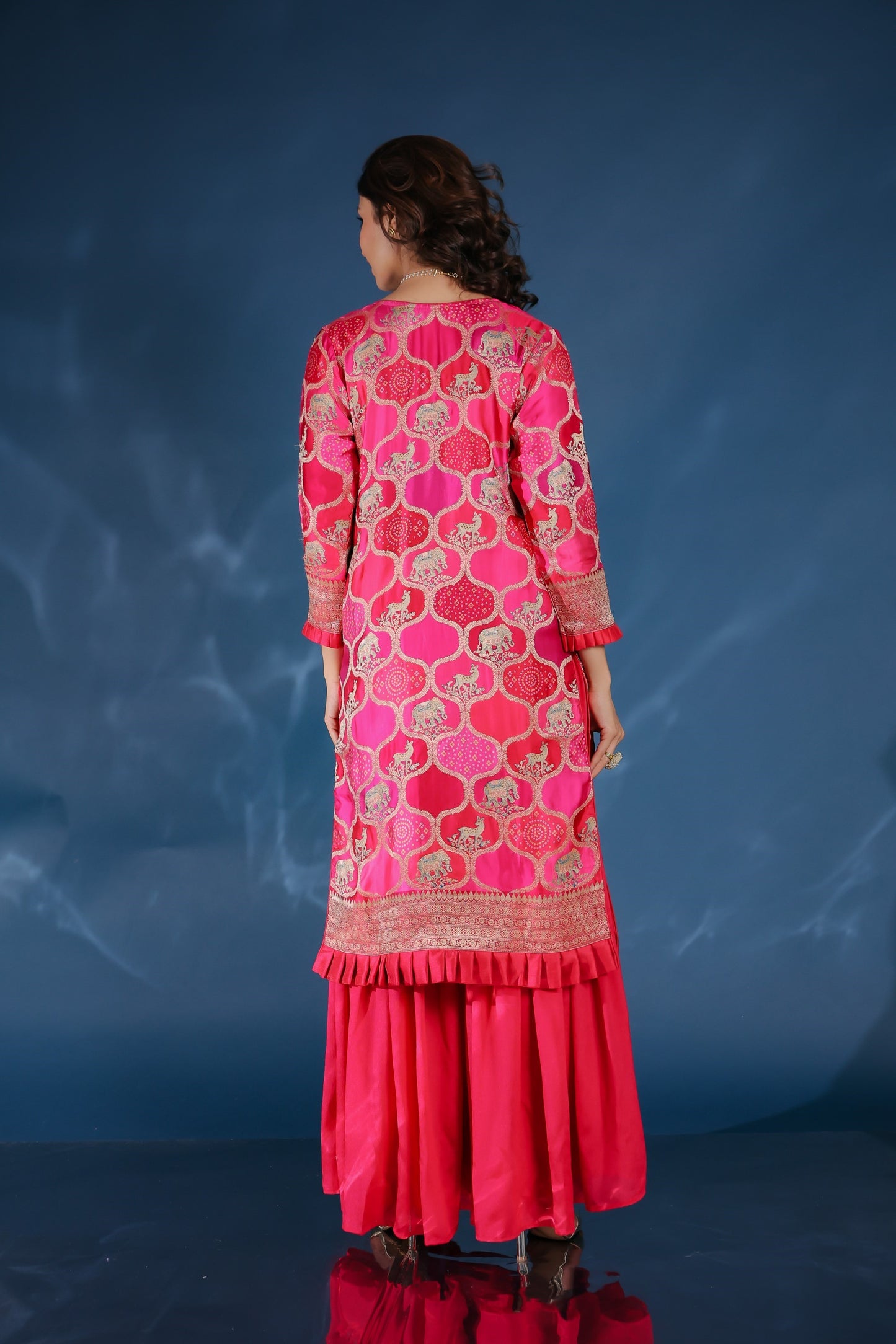 Dark Pink Patola And Animal Print Ghatchola Kurta With Sharara And Dupatta
