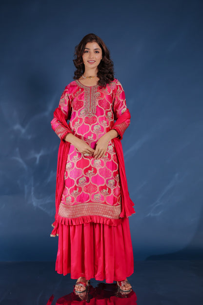 Dark Pink Patola And Animal Print Ghatchola Kurta With Sharara And Dupatta