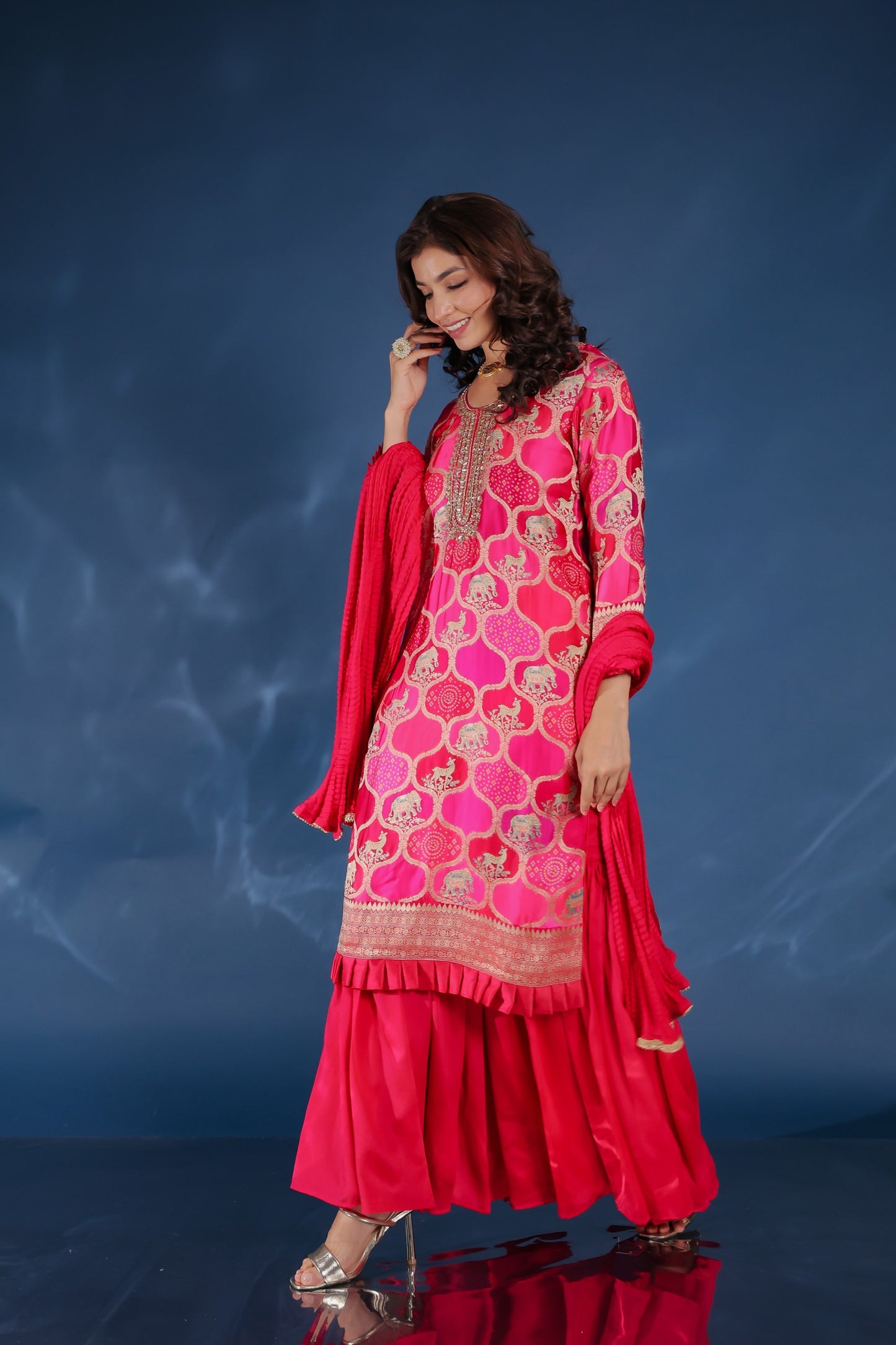 Dark Pink Patola And Animal Print Ghatchola Kurta With Sharara And Dupatta