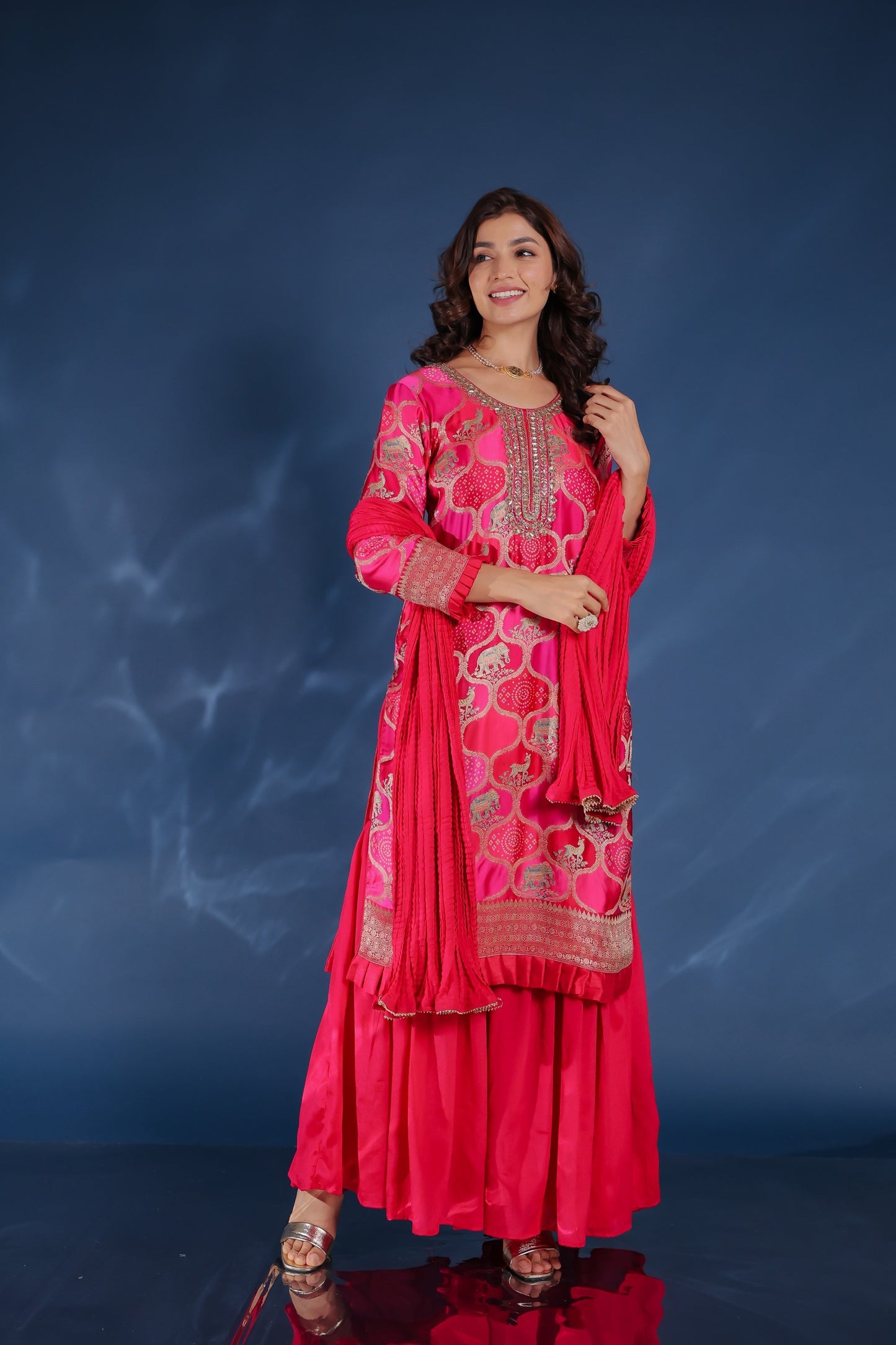 Dark Pink Patola And Animal Print Ghatchola Kurta With Sharara And Dupatta