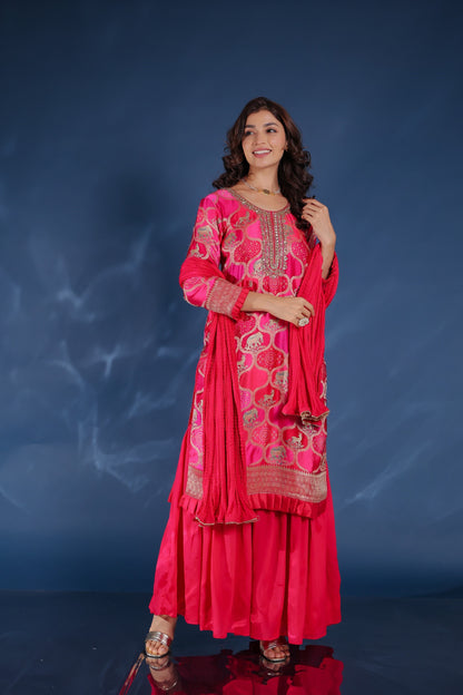 Dark Pink Patola And Animal Print Ghatchola Kurta With Sharara And Dupatta