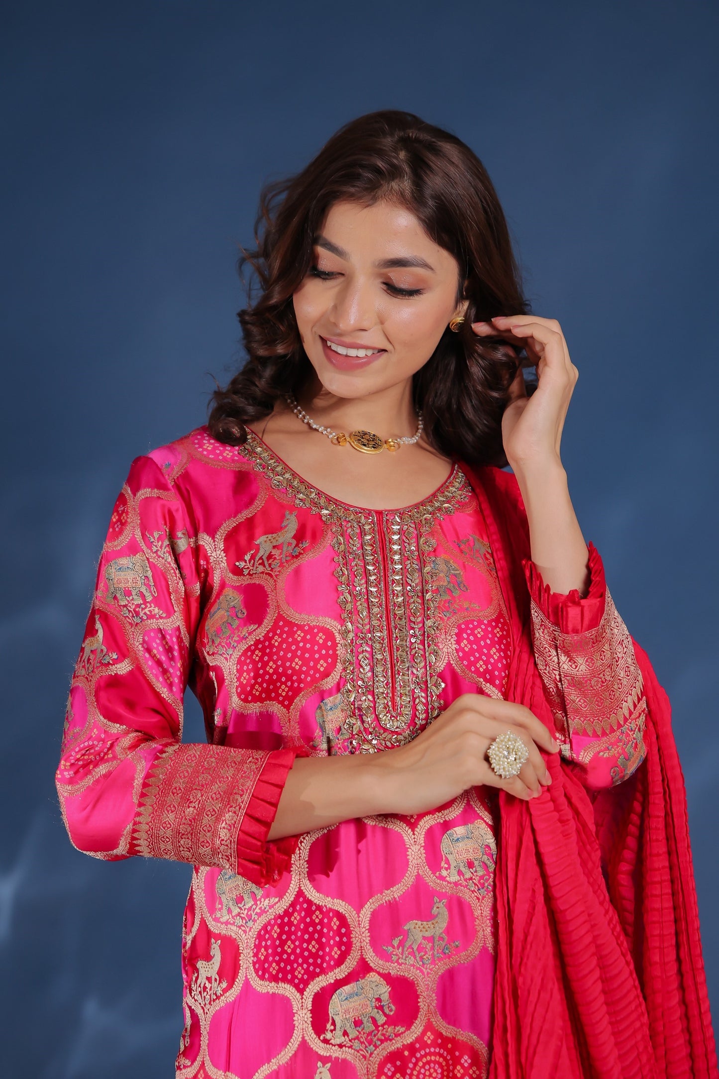 Dark Pink Patola And Animal Print Ghatchola Kurta With Sharara And Dupatta