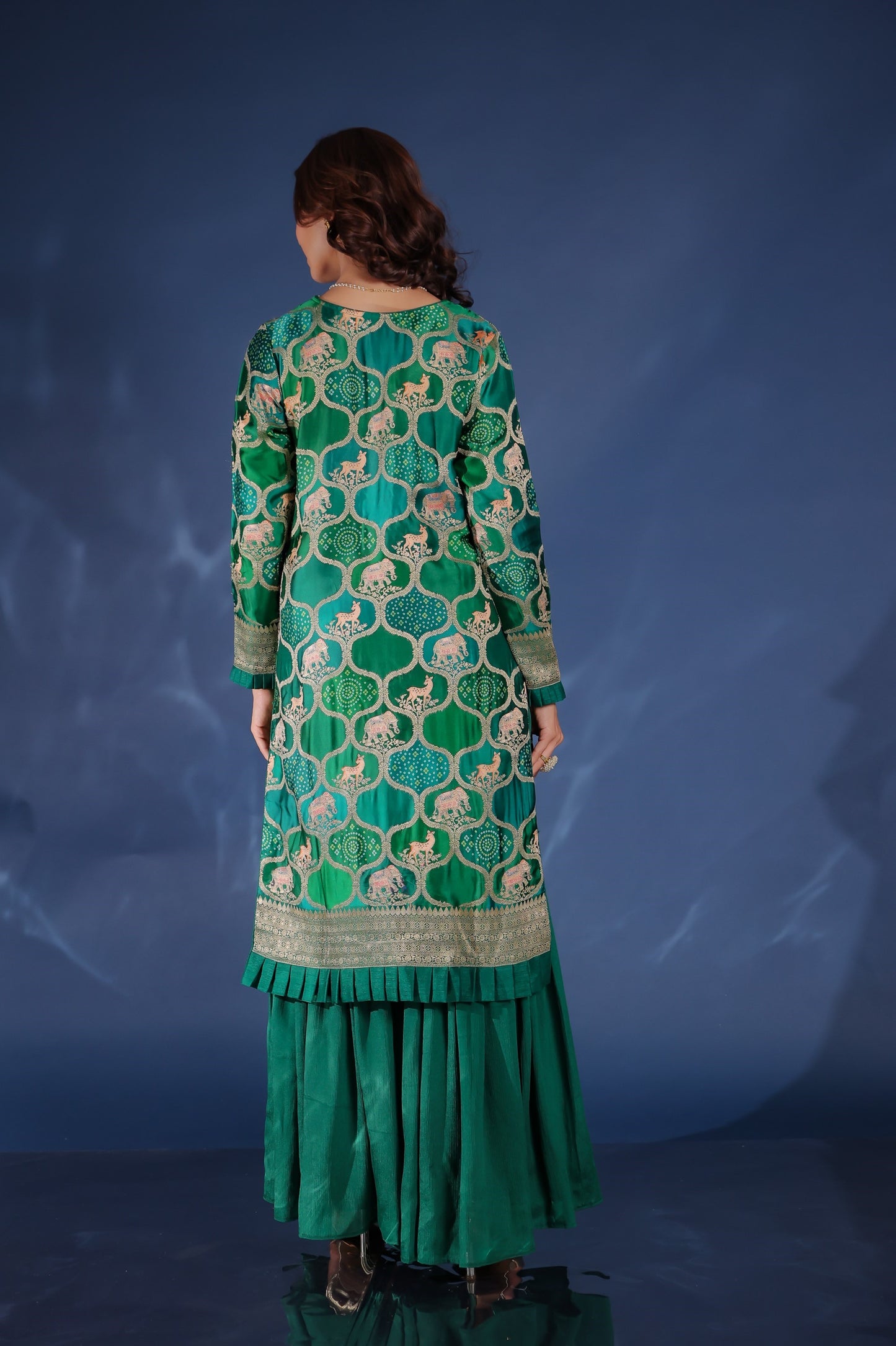 Dark Green Patola And Animal Print Ghatchola Kurta With Sharara And Dupatta