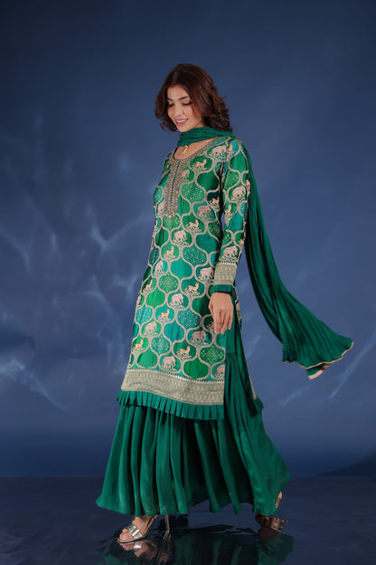 Dark Green Patola And Animal Print Ghatchola Kurta With Sharara And Dupatta