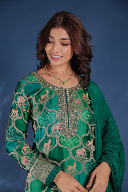 Dark Green Patola And Animal Print Ghatchola Kurta With Sharara And Dupatta