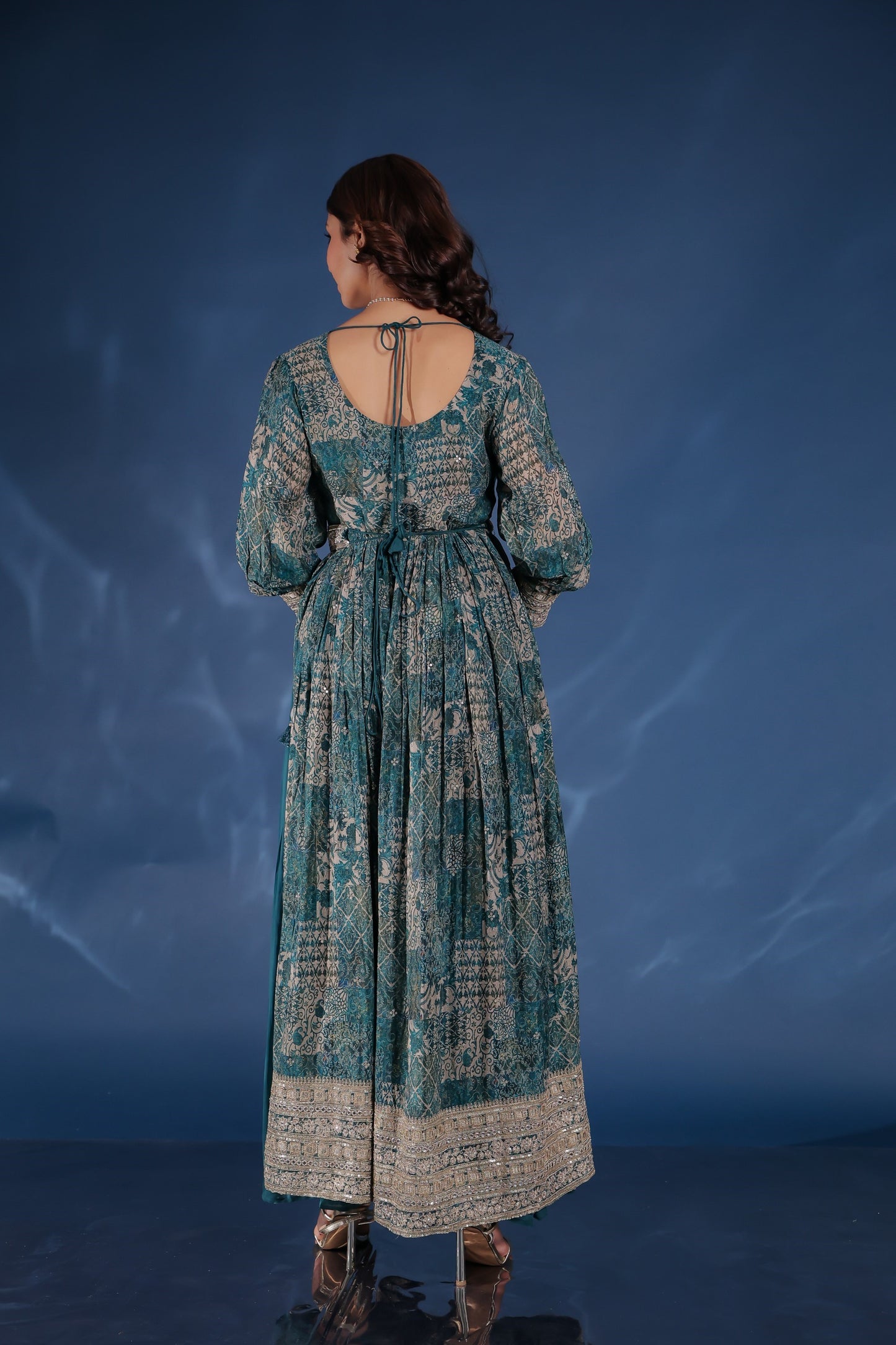 Peacock Blue Zari Work Side Slit Kurta Palazzo Set