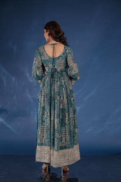 Peacock Blue Zari Work Side Slit Kurta Palazzo Set