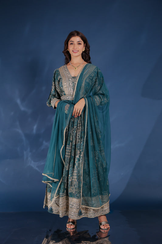 Peacock Blue Zari Work Side Slit Kurta Palazzo Set