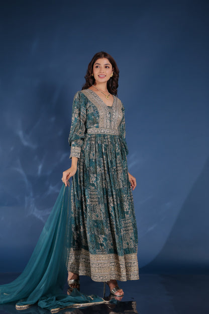 Peacock Blue Zari Work Side Slit Kurta Palazzo Set