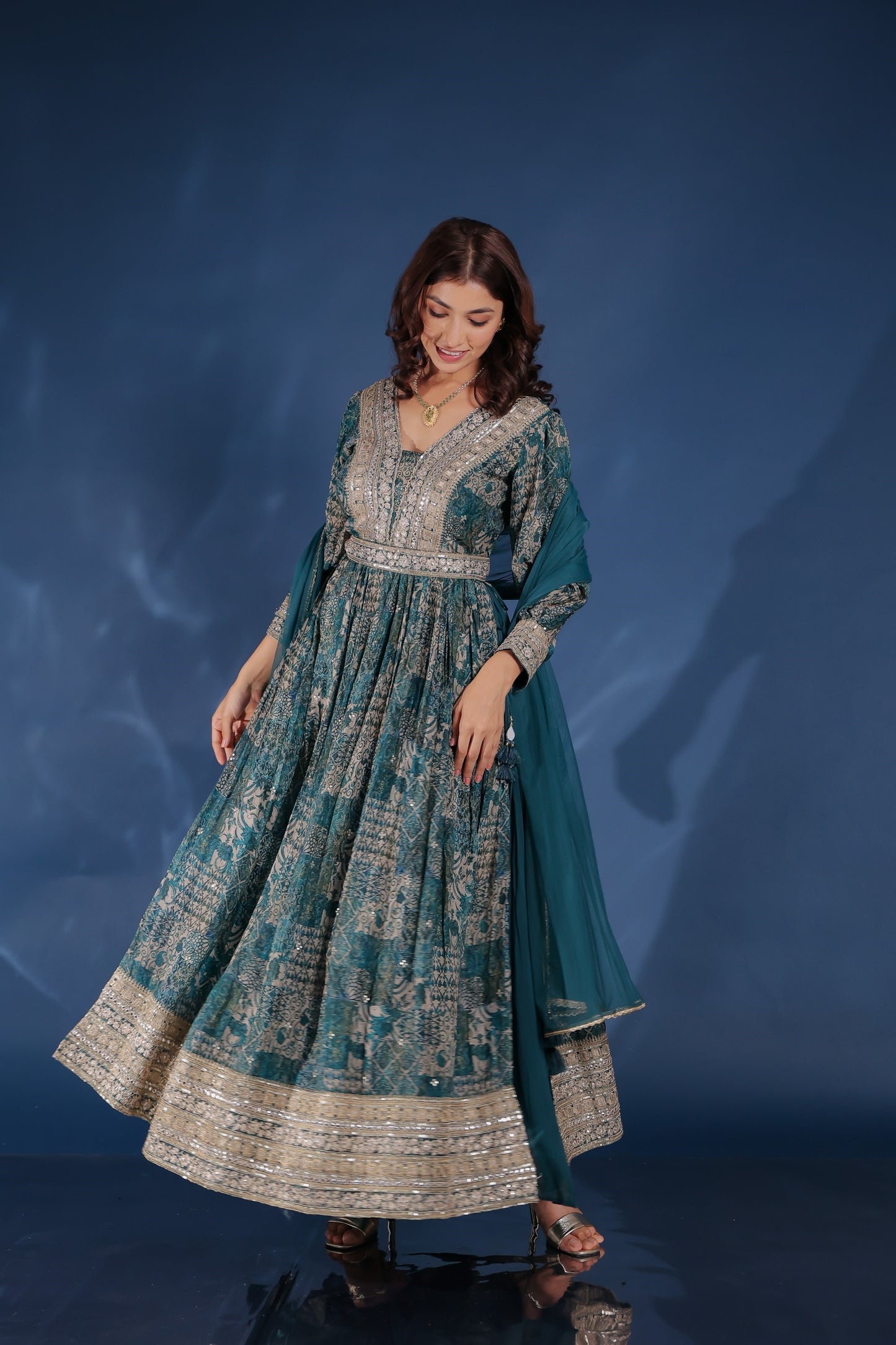 Peacock Blue Zari Work Side Slit Kurta Palazzo Set
