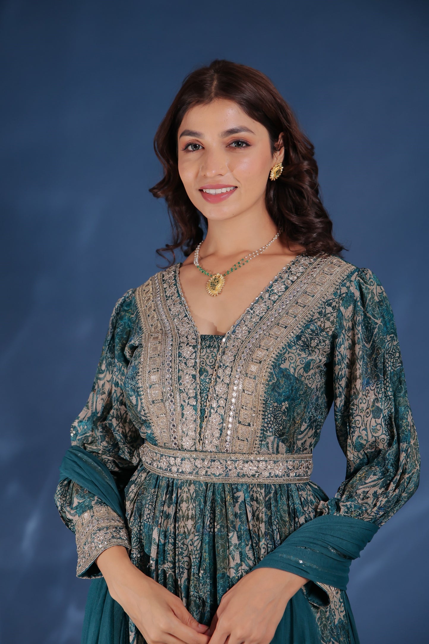 Peacock Blue Zari Work Side Slit Kurta Palazzo Set
