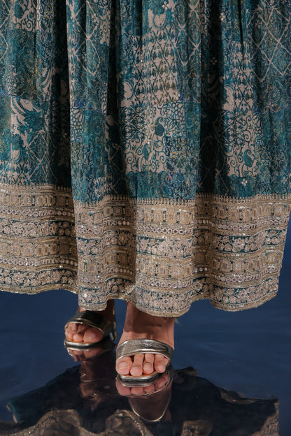 Peacock Blue Zari Work Side Slit Kurta Palazzo Set