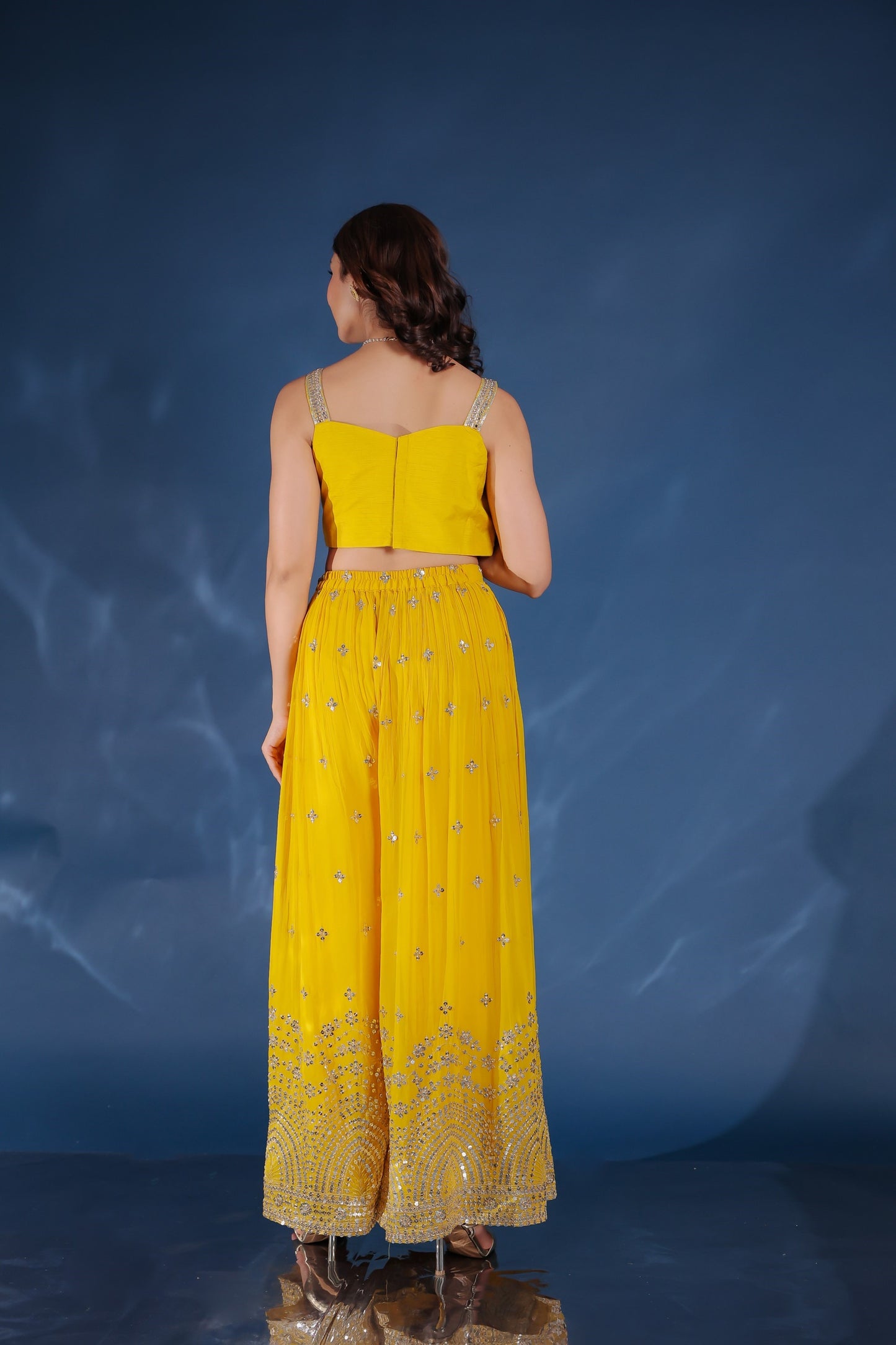 Yellow Georgette Palazzo Set With Shrug