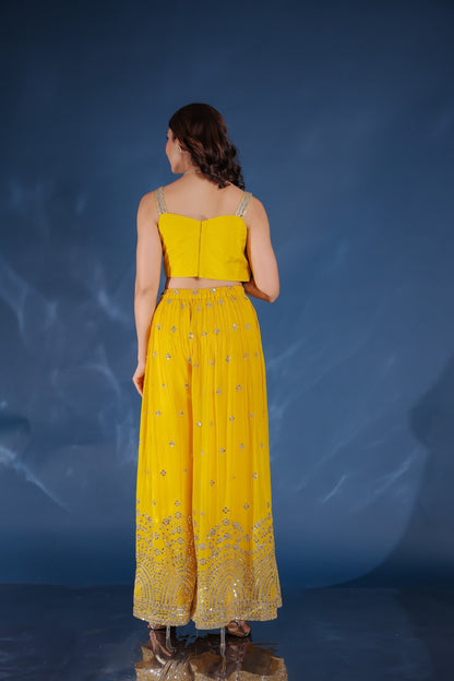 Yellow Georgette Palazzo Set With Shrug