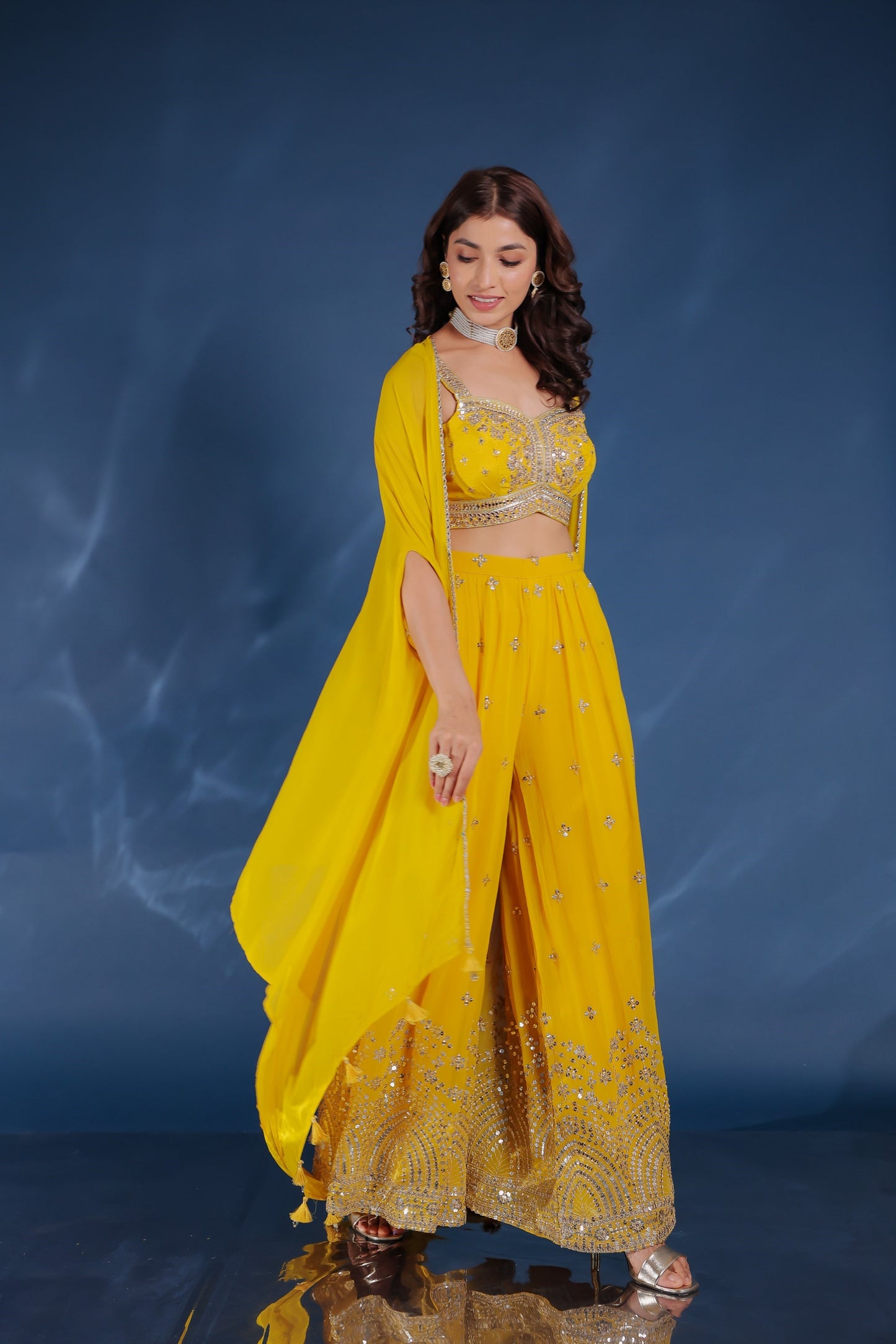 Yellow Georgette Palazzo Set With Shrug