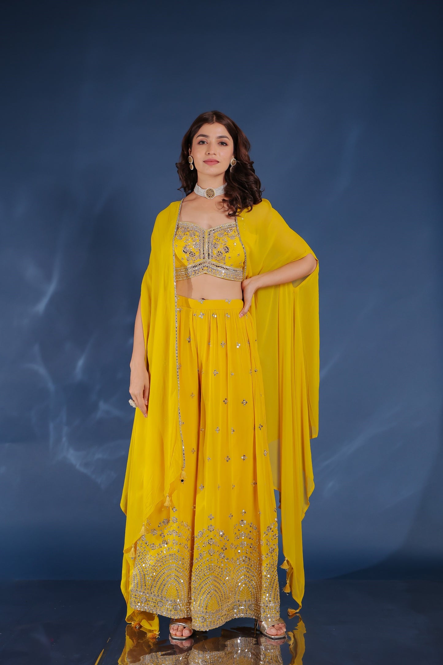 Yellow Georgette Palazzo Set With Shrug