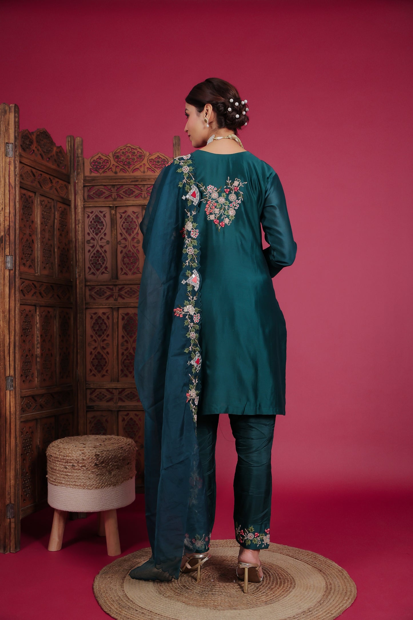 Dark Pine Green Raw Silk Embellished Kurta Set