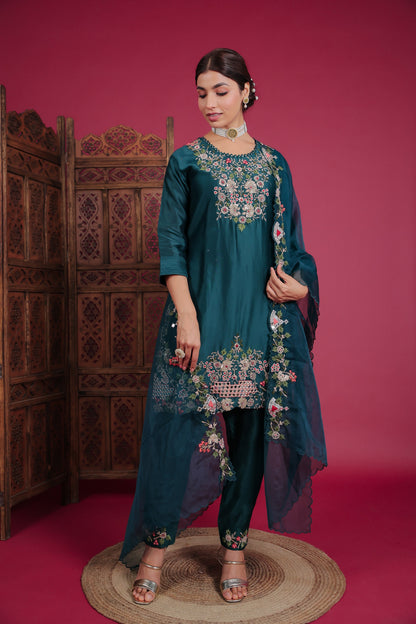 Dark Pine Green Raw Silk Embellished Kurta Set