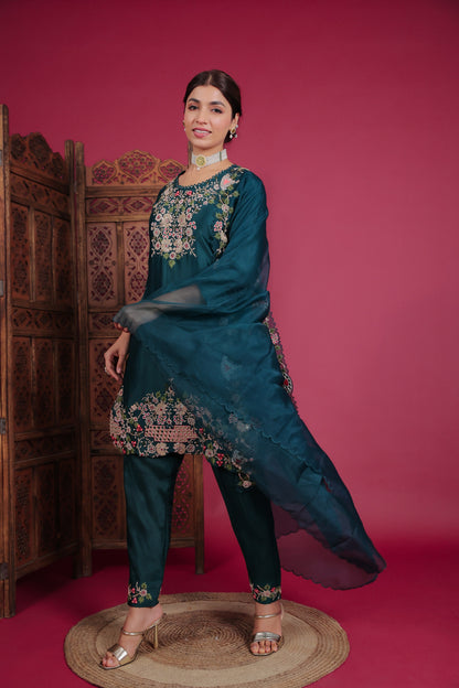 Dark Pine Green Raw Silk Embellished Kurta Set