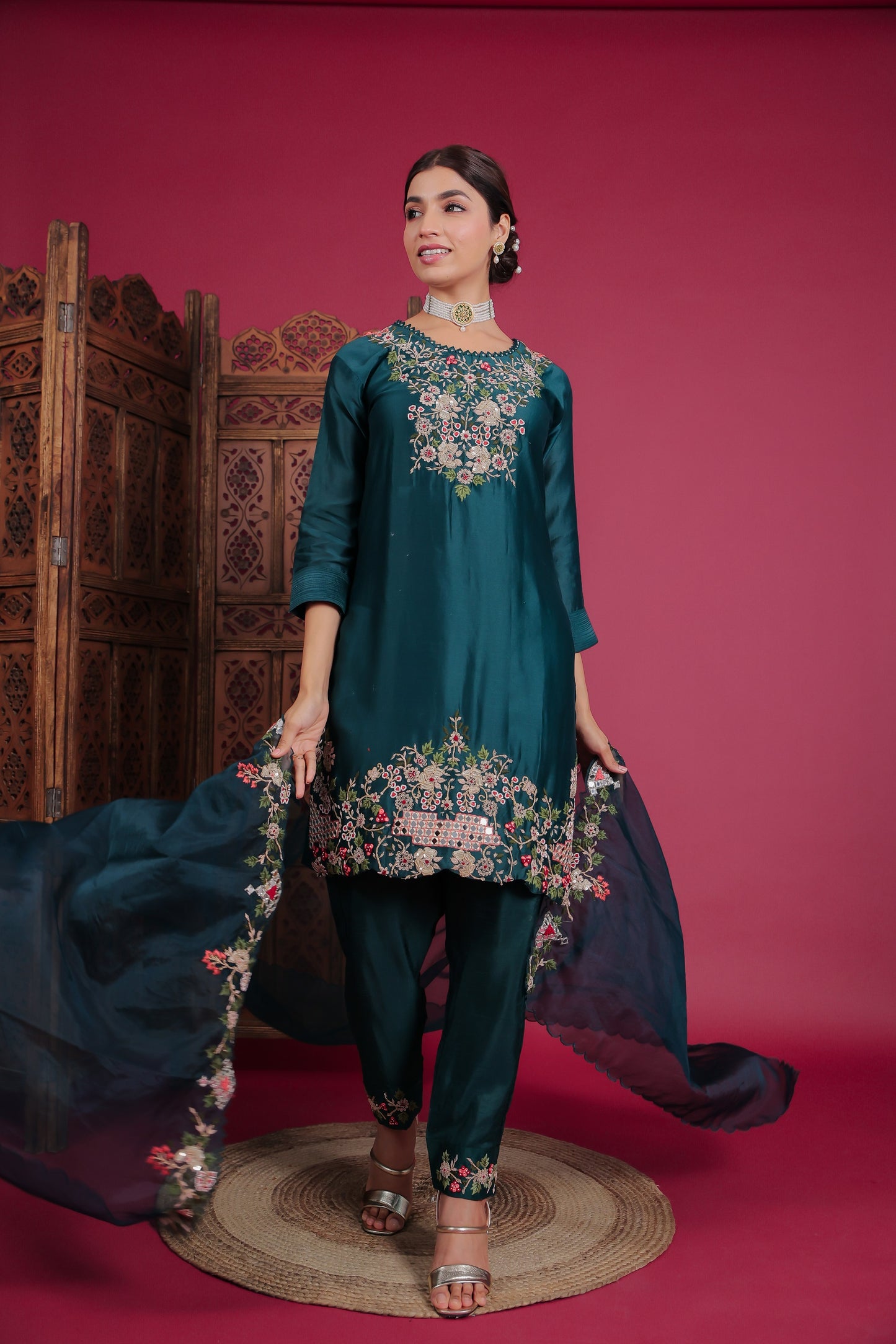 Dark Pine Green Raw Silk Embellished Kurta Set
