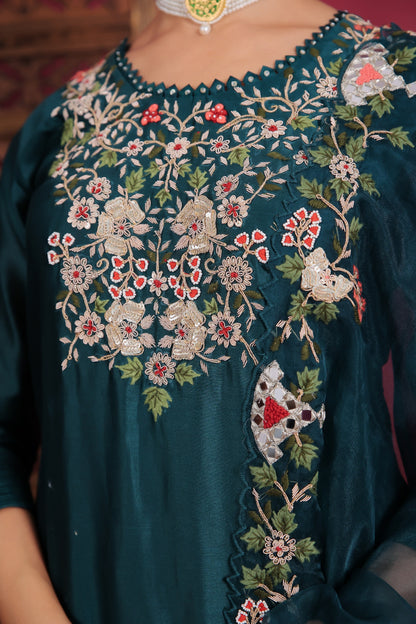 Dark Pine Green Raw Silk Embellished Kurta Set