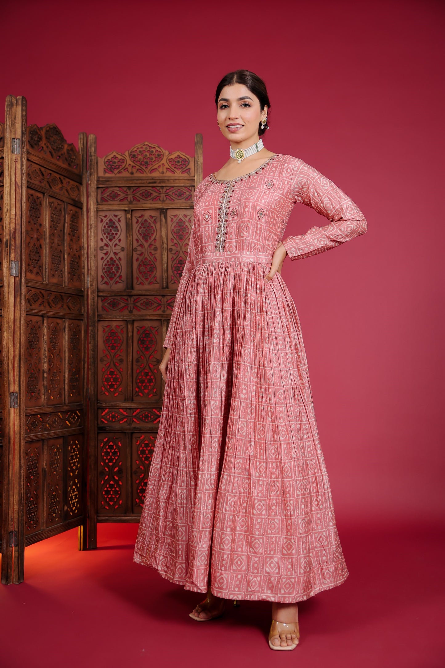 Coral Red Crape Silk Flared Gown