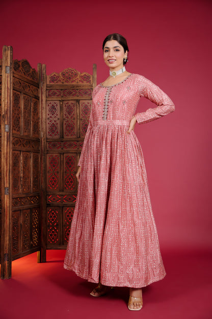 Coral Red Crape Silk Flared Gown