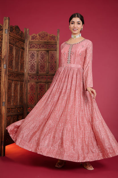 Coral Red Crape Silk Flared Gown