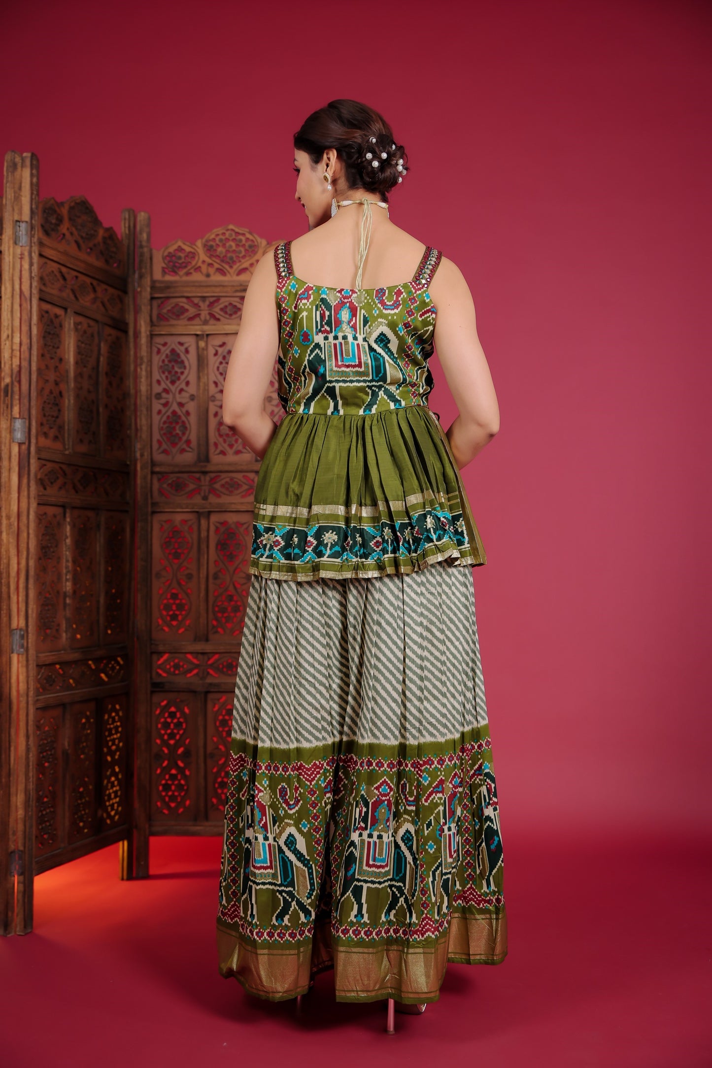 Patola Print Peplum Top With Palazzo And Dupatta