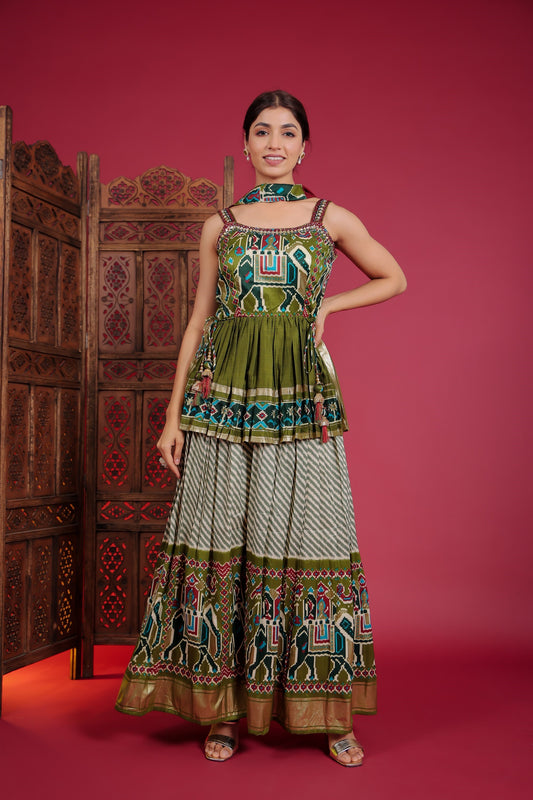 Patola Print Peplum Top With Palazzo And Dupatta
