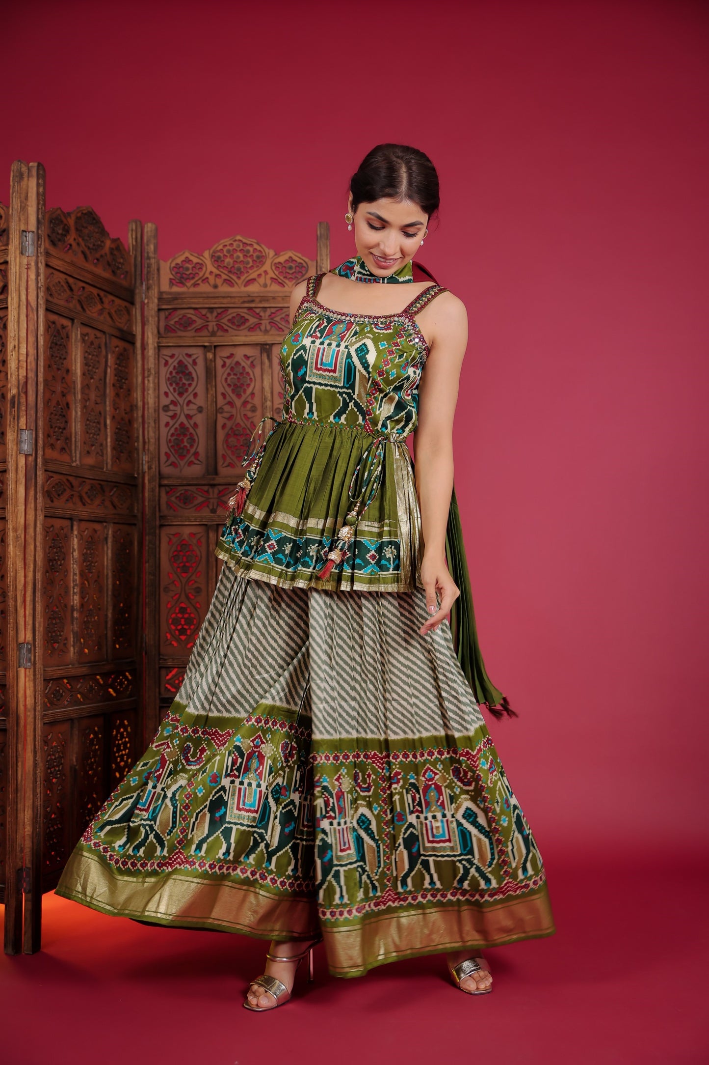 Patola Print Peplum Top With Palazzo And Dupatta