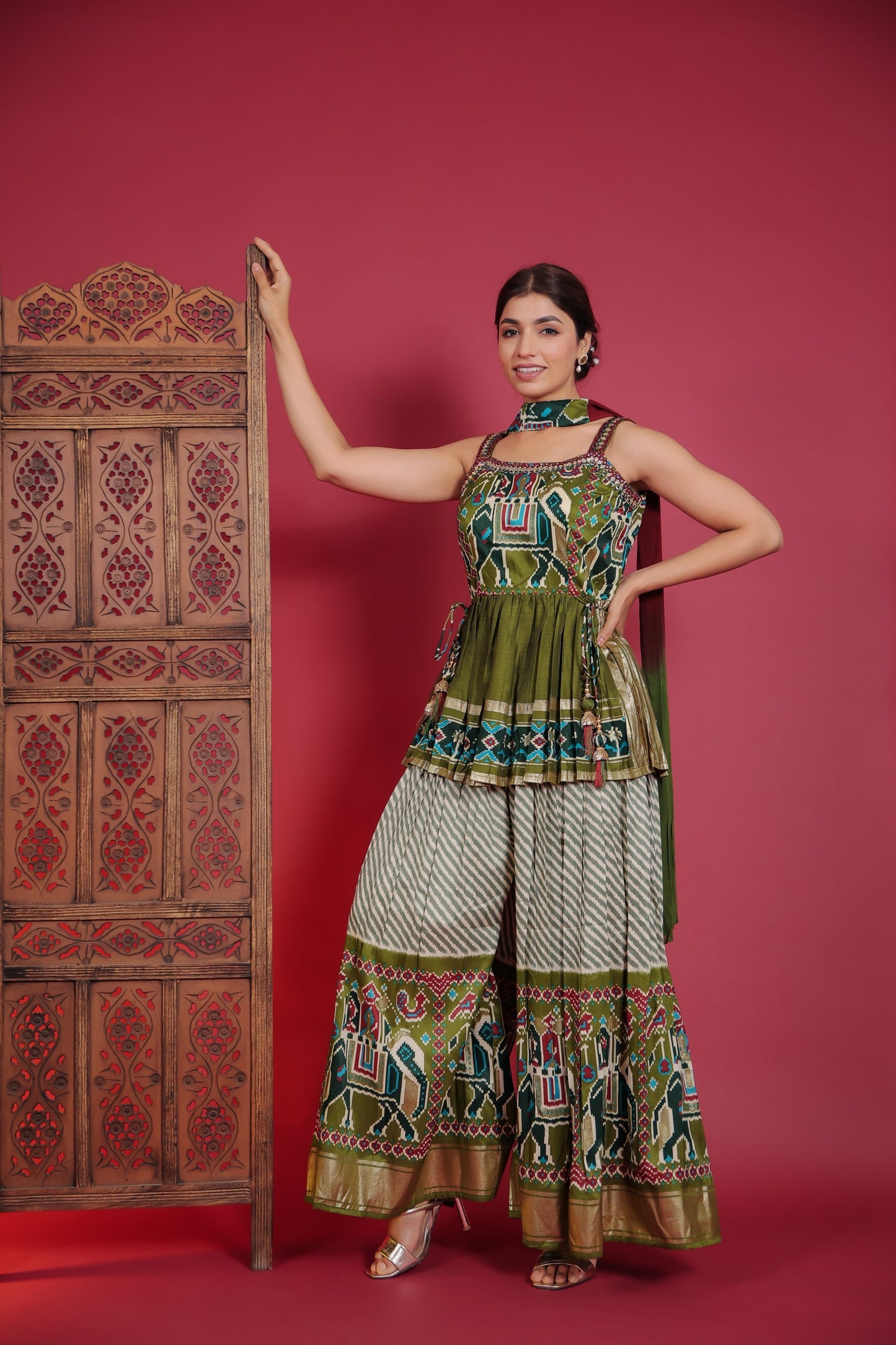 Patola Print Peplum Top With Palazzo And Dupatta