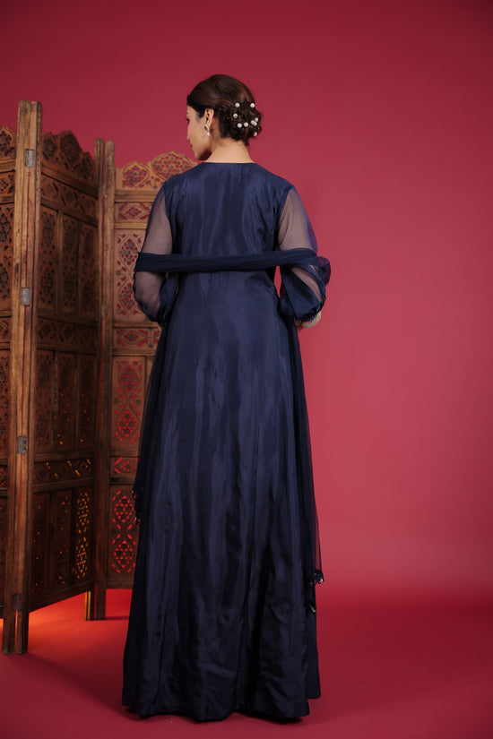 Denim Blue Zardozi Work Pleated Gown With Dupatta