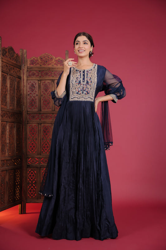 Denim Blue Zardozi Work Pleated Gown With Dupatta