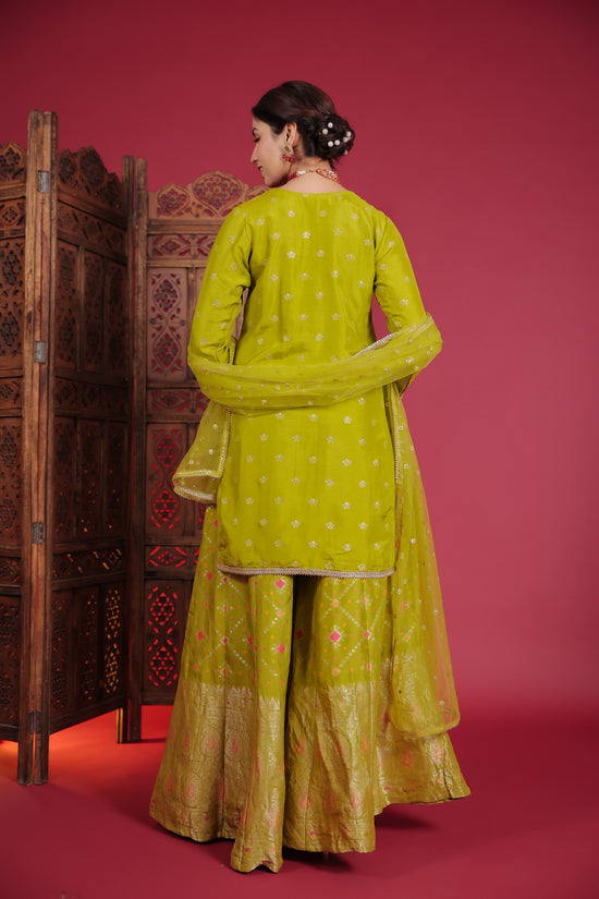 Pistachio Green Short Kurta With Flared Palazzo And Dupatta