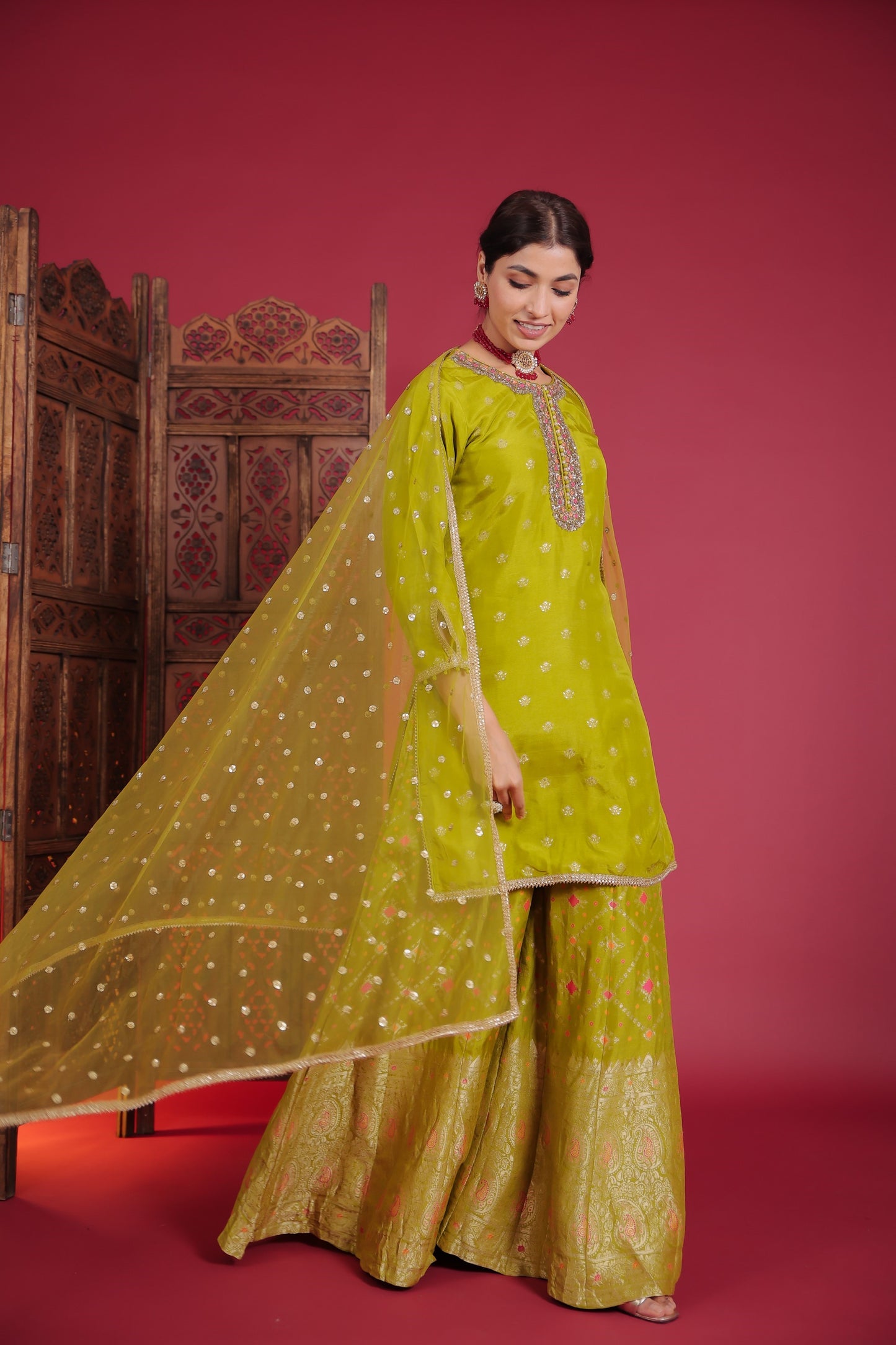 Pistachio Green Short Kurta With Flared Palazzo And Dupatta