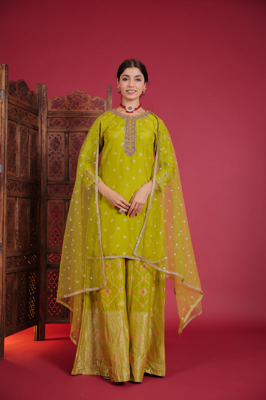 Pistachio Green Short Kurta With Flared Palazzo And Dupatta