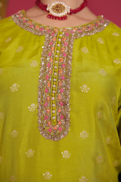 Pistachio Green Short Kurta With Flared Palazzo And Dupatta