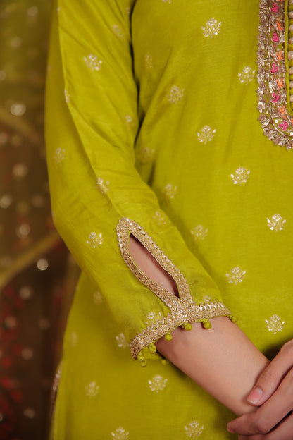 Pistachio Green Short Kurta With Flared Palazzo And Dupatta