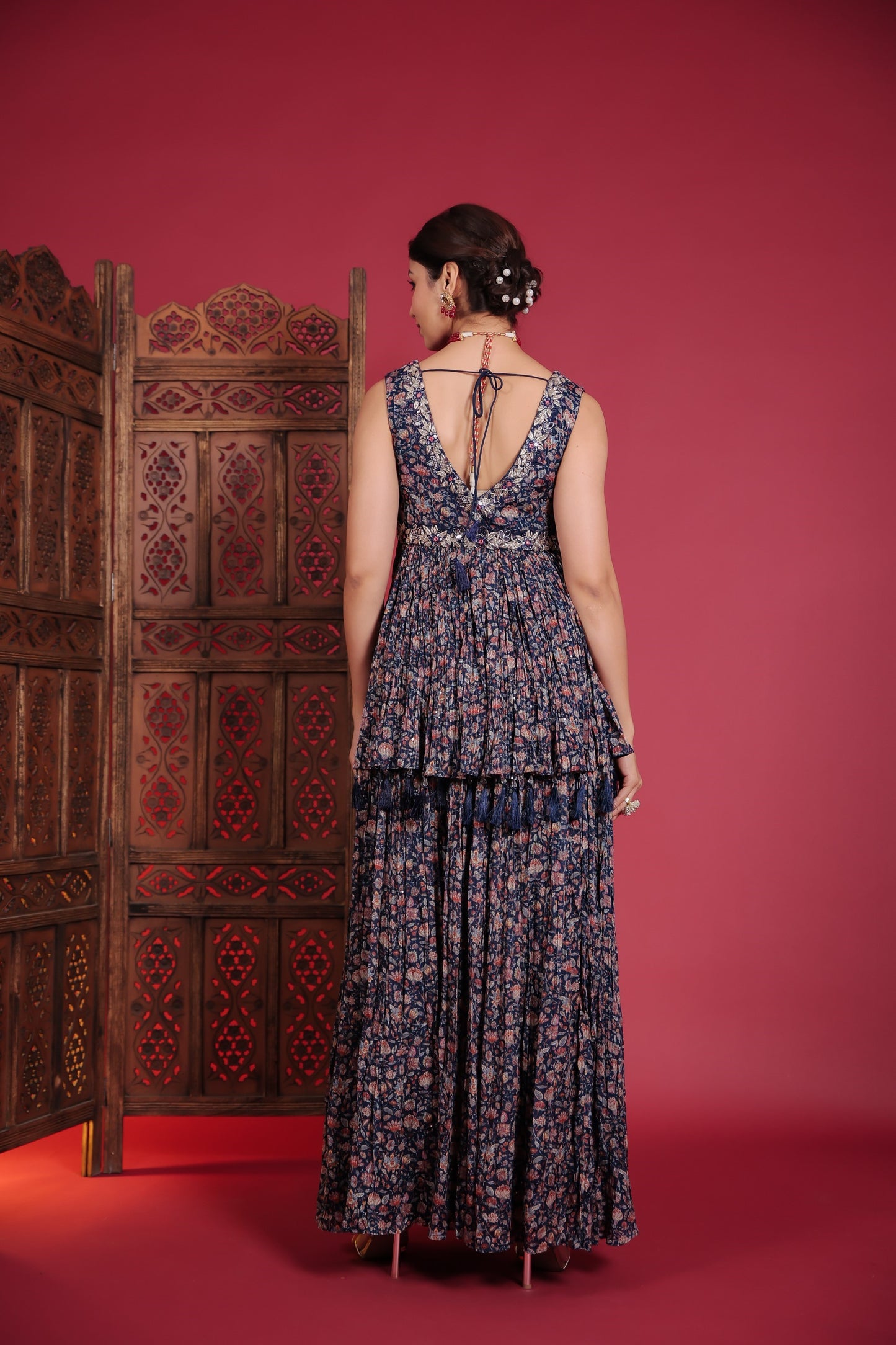 Royal Blue Blossom Print Embellished Peplum With Flared Palazzo And Dupatta