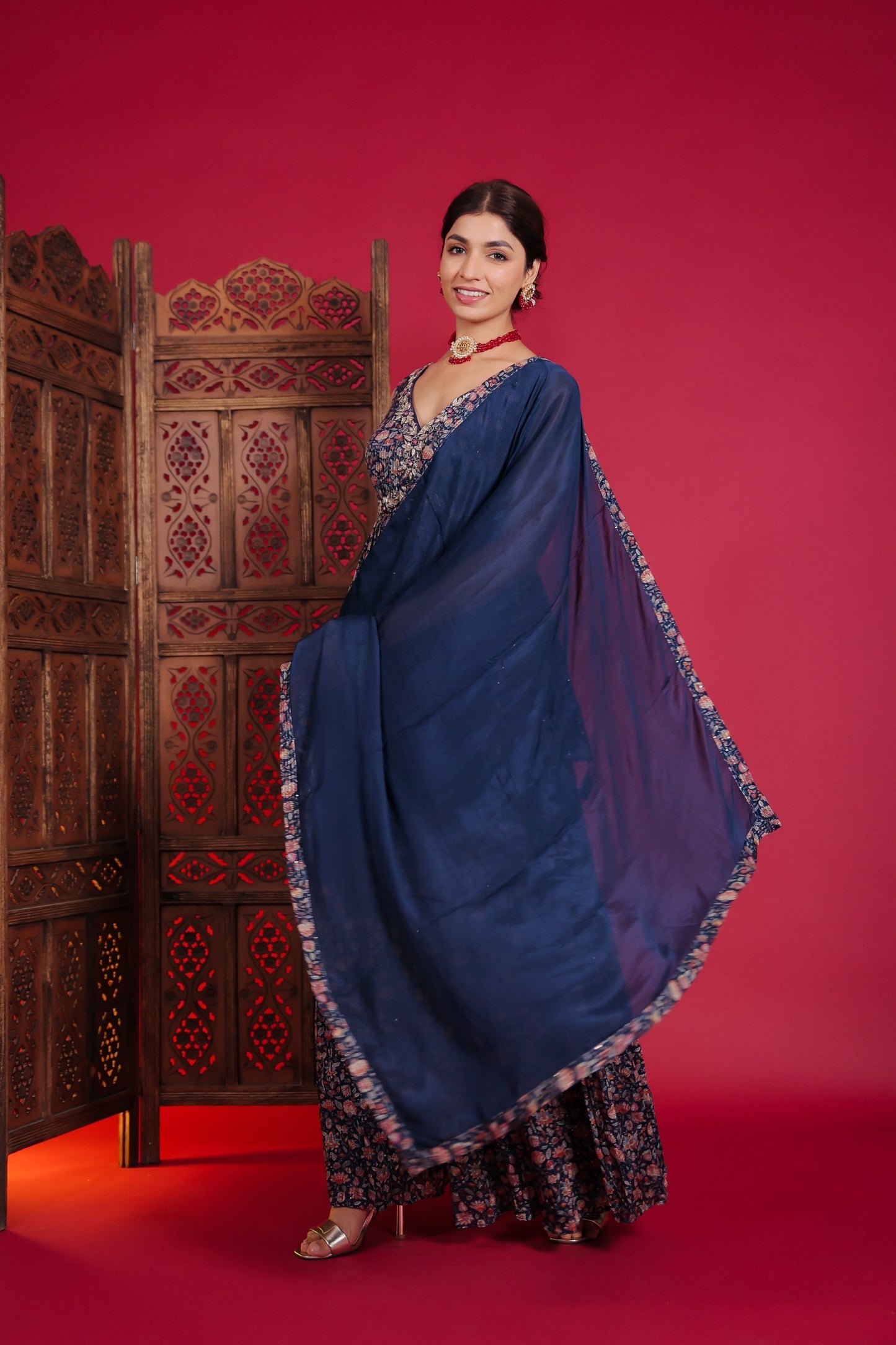 Royal Blue Blossom Print Embellished Peplum With Flared Palazzo And Dupatta