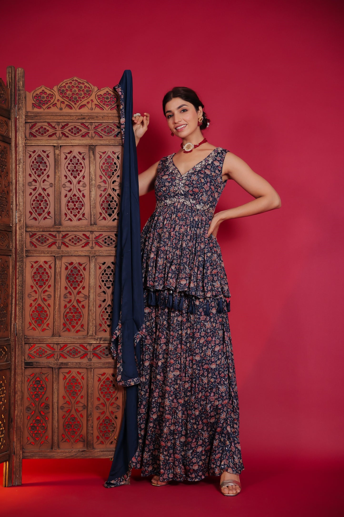 Royal Blue Blossom Print Embellished Peplum With Flared Palazzo And Dupatta