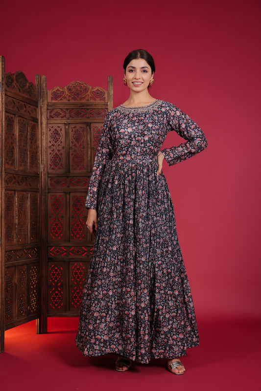 Midnight Blue Blossom Print Paper Silk Gown